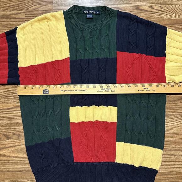 Nautica VTG Color Block Cable Knit 100% Cotton Crew Neck Sweater Med 90s - Picture 6 of 9